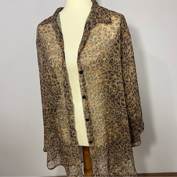 Vintage animal print sheer long line blouse swimsuit coverup leopard mobwife top - Picture 9 of 9
